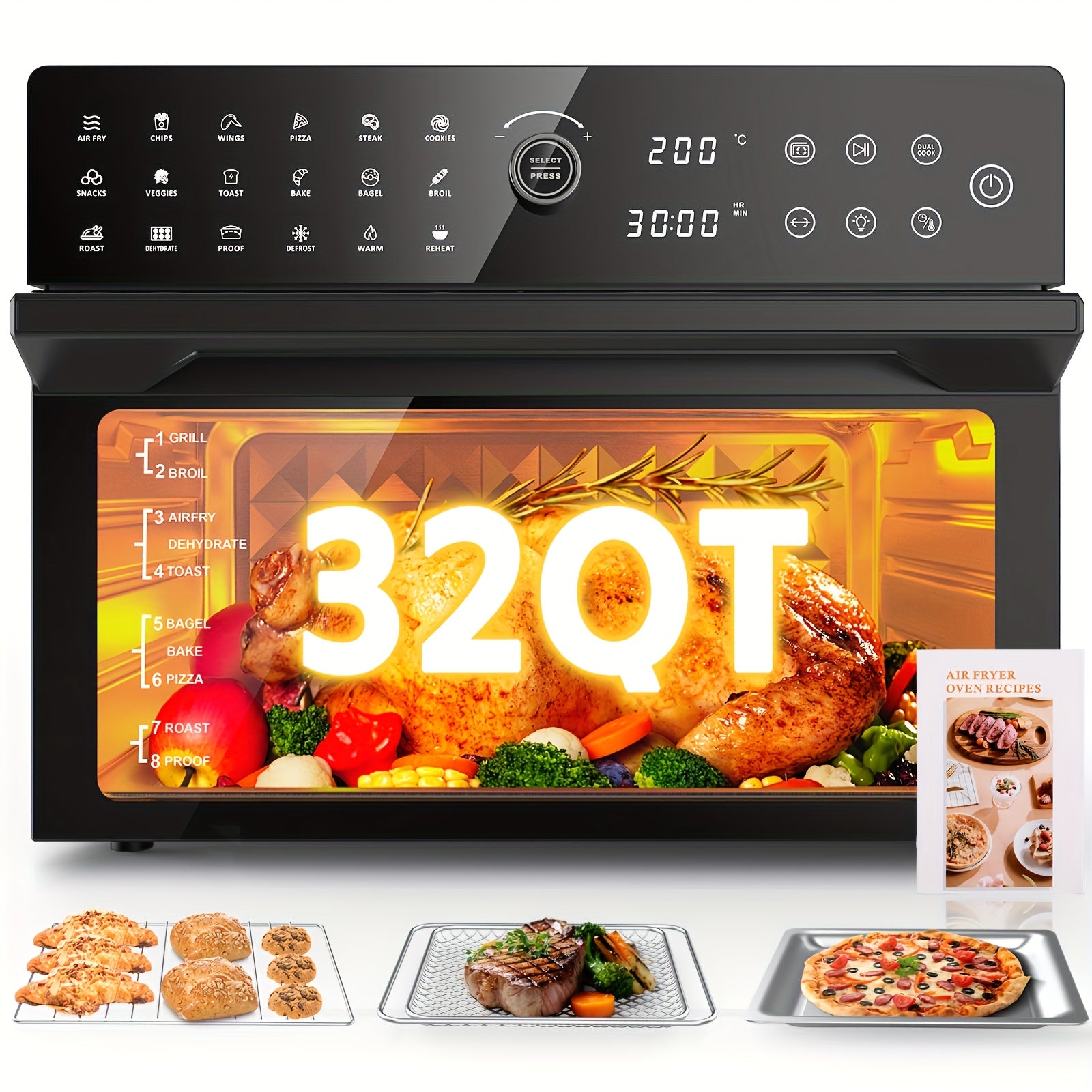 Extra Large 32-Quart Air Fryer, Digital Air Fryer Oven, and Toaster Oven Combo - 20-in-1 Countertop Convection Oven with 13" Pizza Pan, 7 Accessories, Clear Door, 1800W Dual Cooking, 360° Hot Air Circulation for Healthy Meals - Black