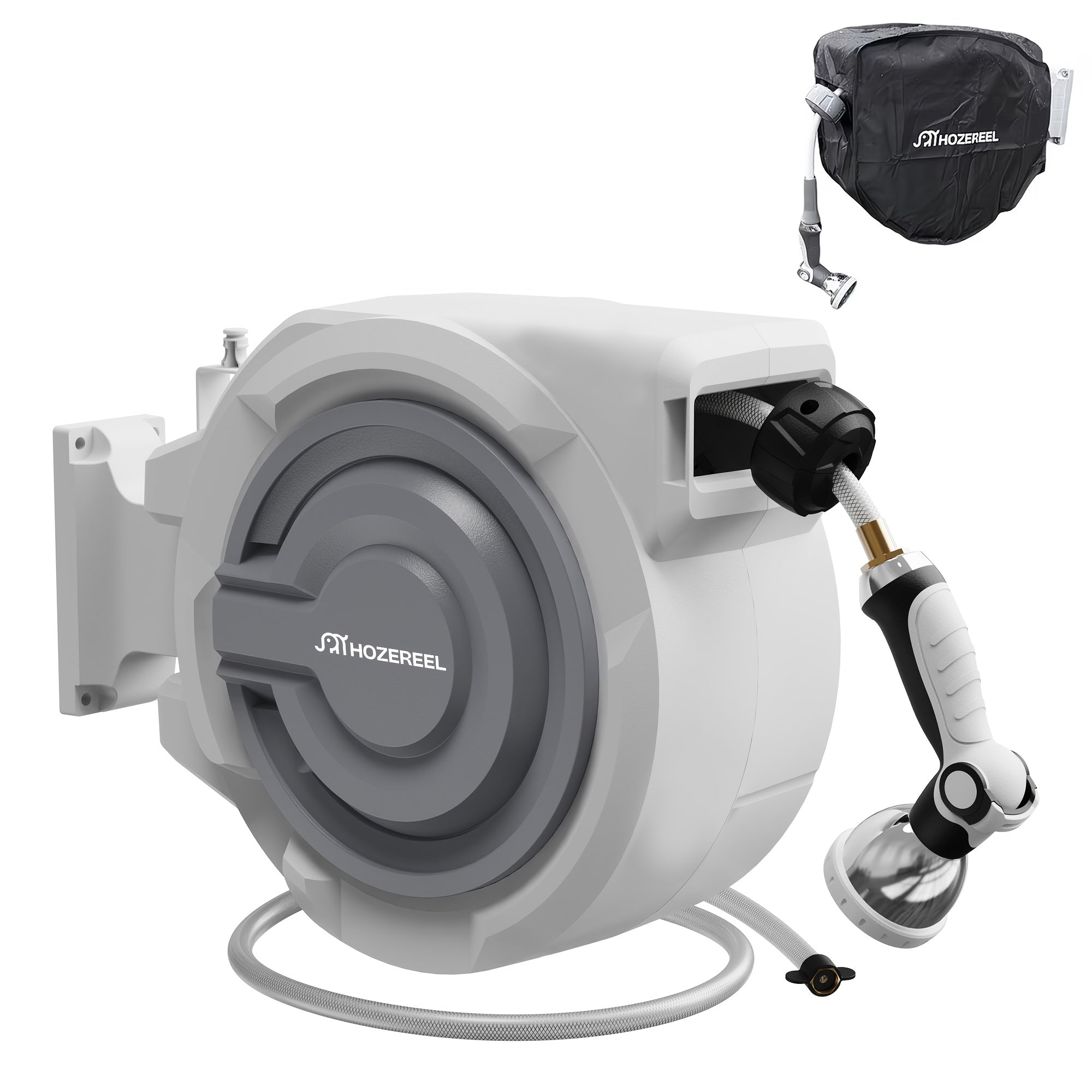 110FT x 1/2" Garden Hose Reel, Wall Mount Enclosed Storage Reel, Auto Self-Retract, Any Length Lock & 10 Spray Nozzle, Grey