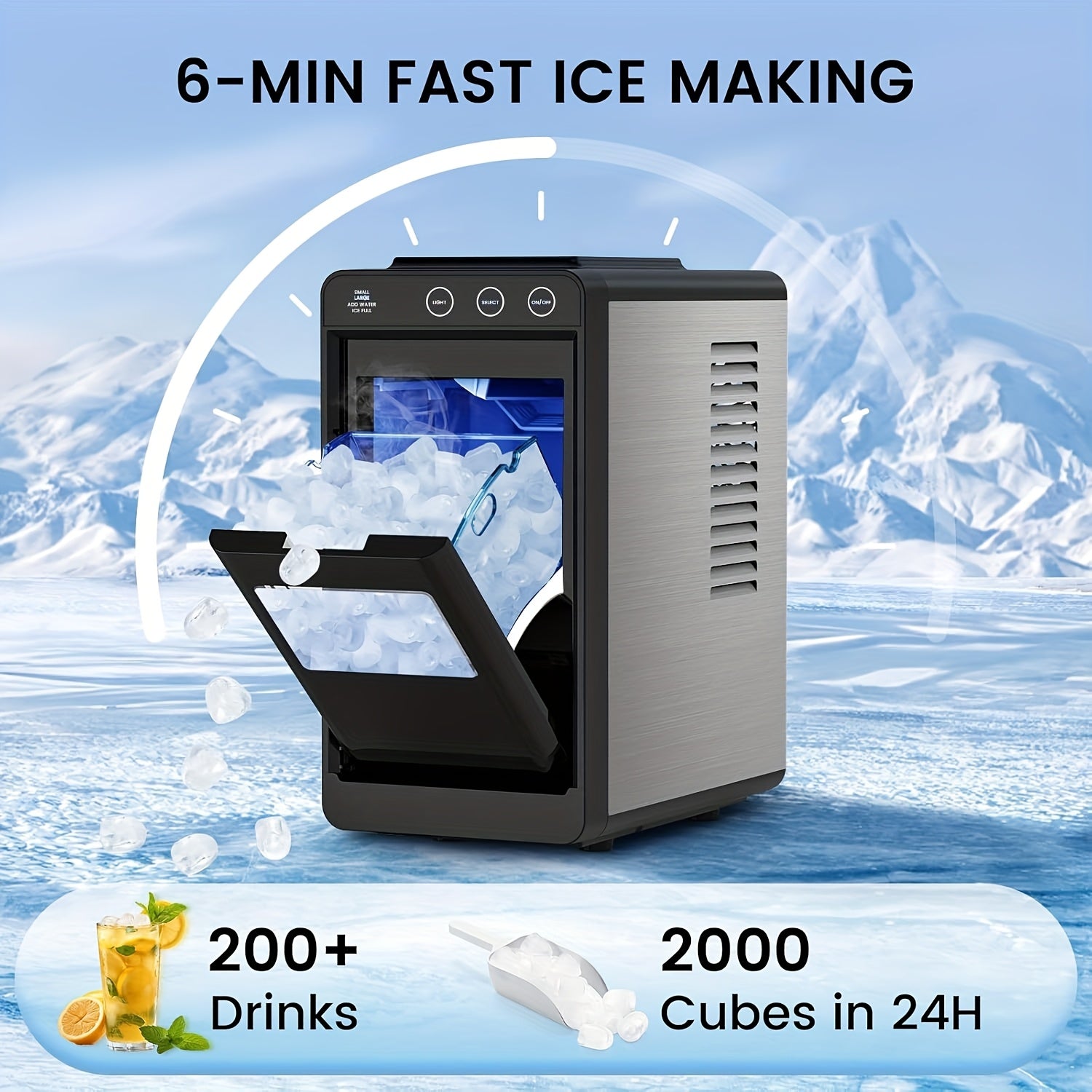 Countertop Ice Maker with Carry Handle, 26 Pounds Ice Per 24 Hours, 9 Cubes in 6 Mins, Portable Ice Machine with Basket & Scoop