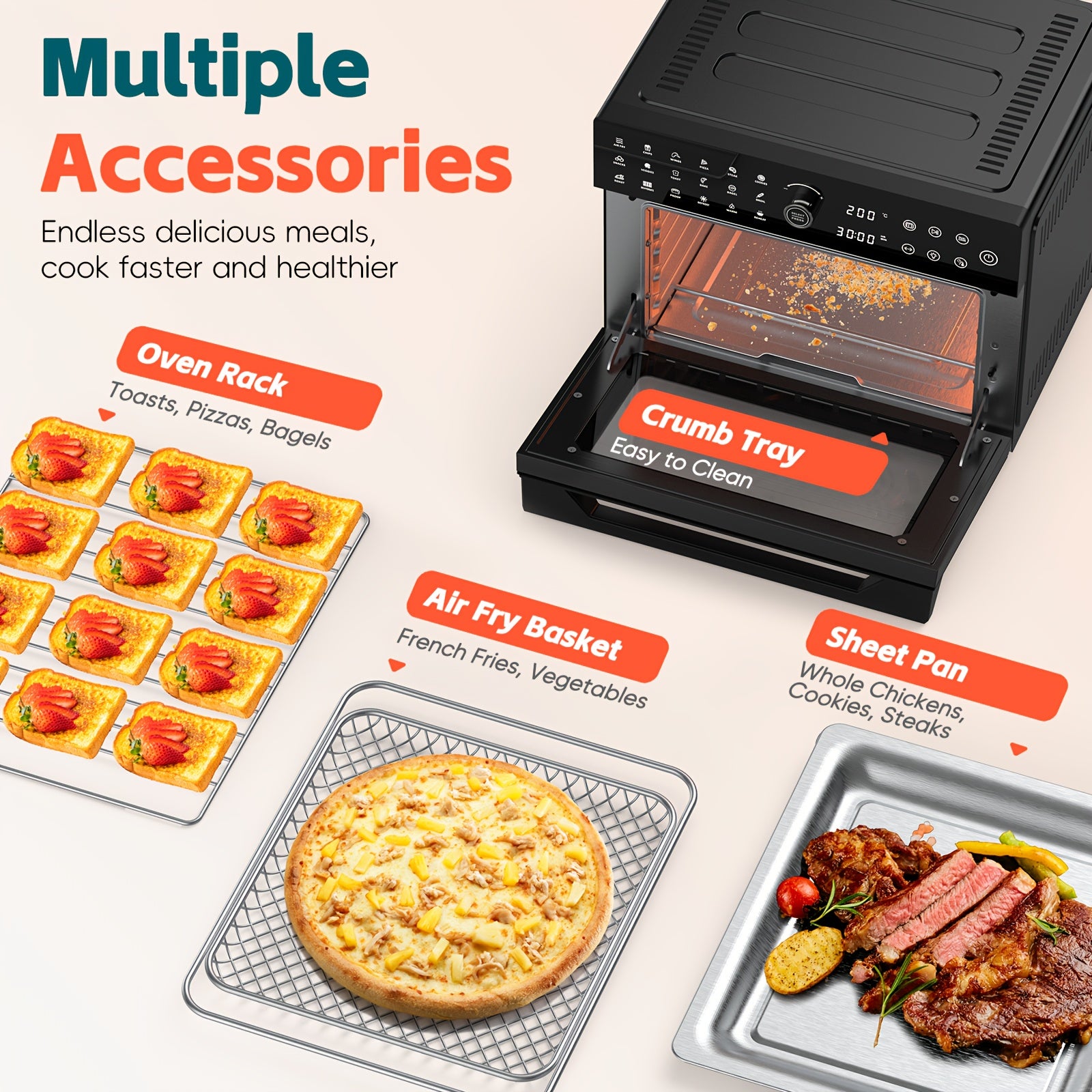 Extra Large 32-Quart Air Fryer, Digital Air Fryer Oven, and Toaster Oven Combo - 20-in-1 Countertop Convection Oven with 13" Pizza Pan, 7 Accessories, Clear Door, 1800W Dual Cooking, 360° Hot Air Circulation for Healthy Meals - Black