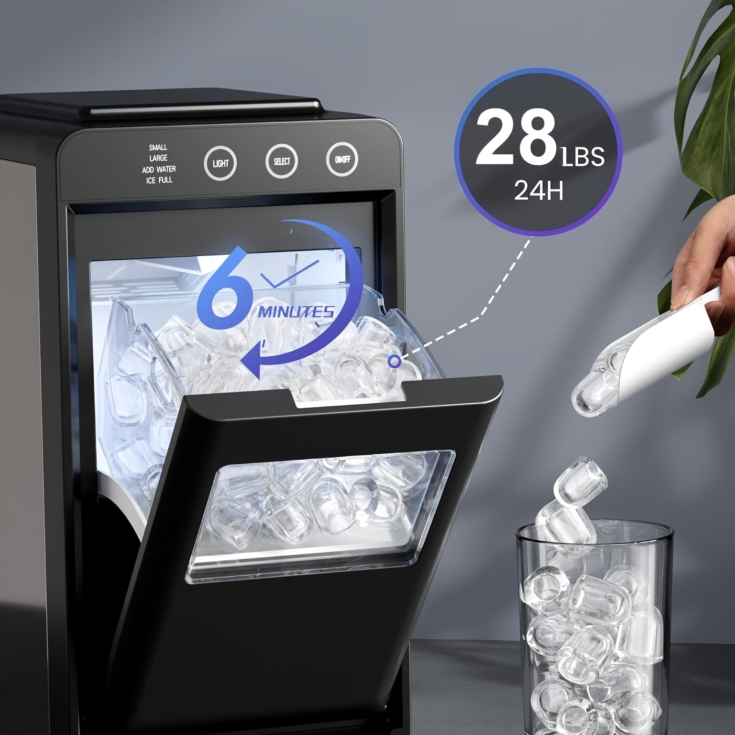 Countertop Ice Maker with Carry Handle, 26 Pounds Ice Per 24 Hours, 9 Cubes in 6 Mins, Portable Ice Machine with Basket & Scoop