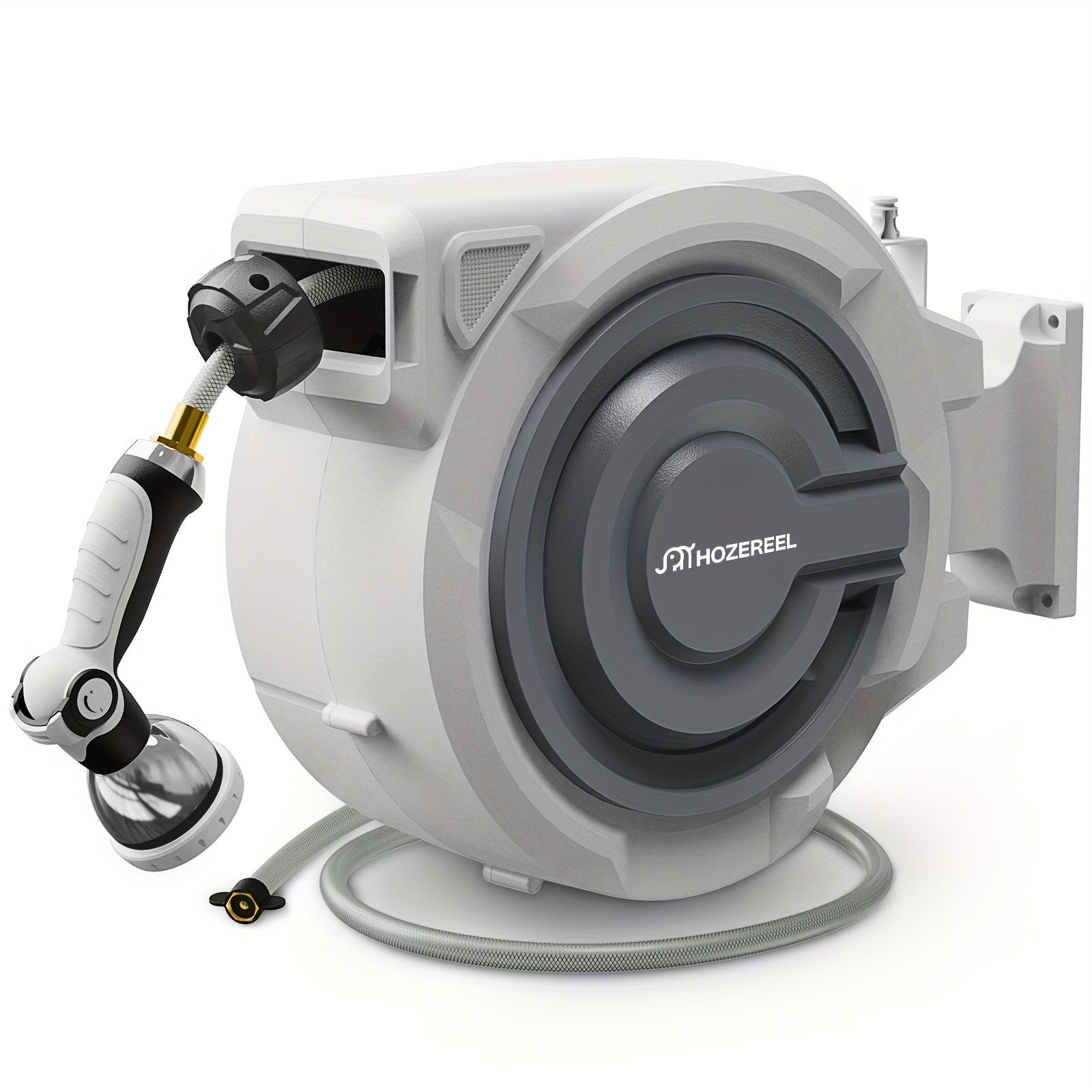 110FT x 1/2" Garden Hose Reel, Wall Mount Enclosed Storage Reel, Auto Self-Retract, Any Length Lock & 10 Spray Nozzle, Grey