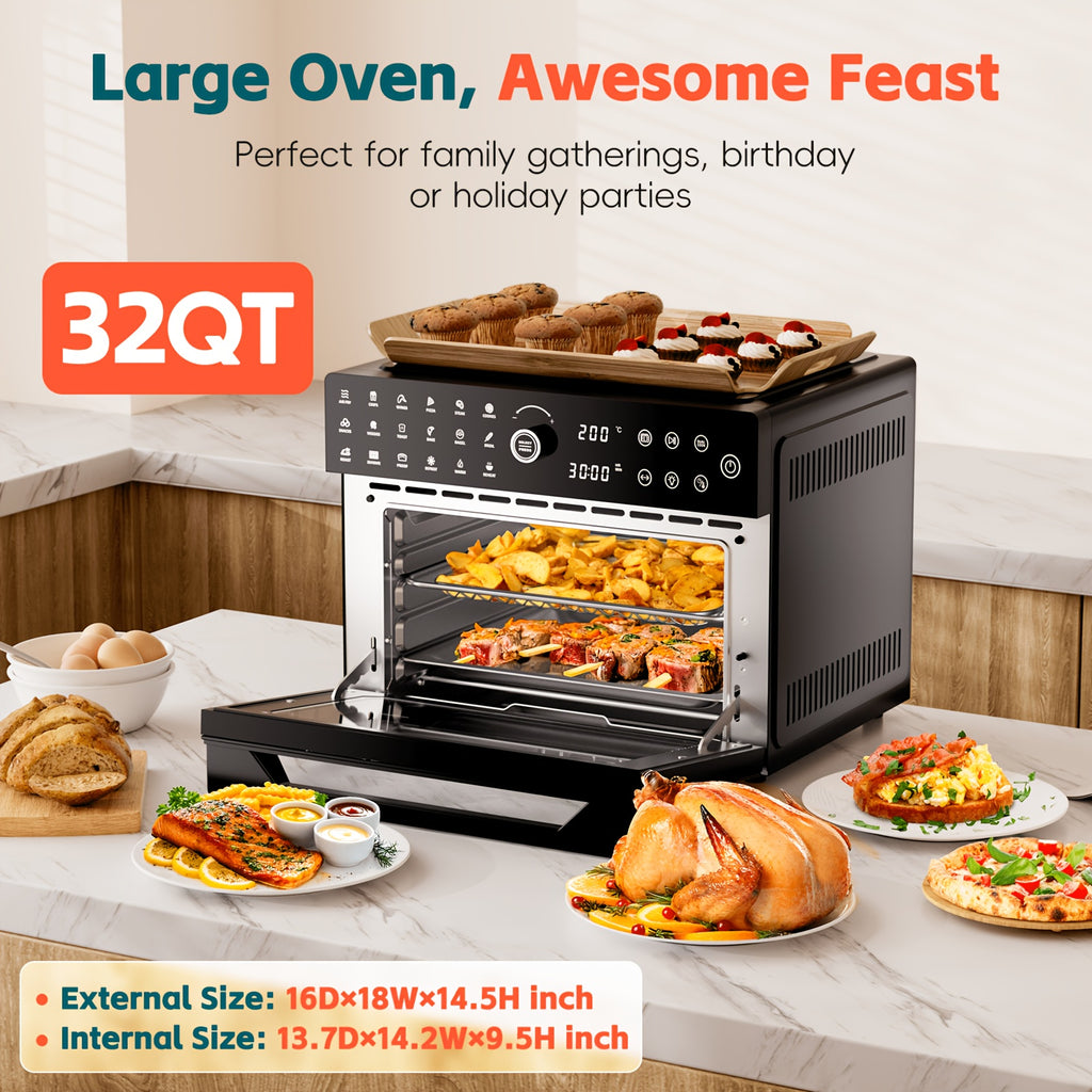 Extra Large 32-Quart Air Fryer, Digital Air Fryer Oven, and Toaster Oven Combo - 20-in-1 Countertop Convection Oven with 13" Pizza Pan, 7 Accessories, Clear Door, 1800W Dual Cooking, 360° Hot Air Circulation for Healthy Meals - Black