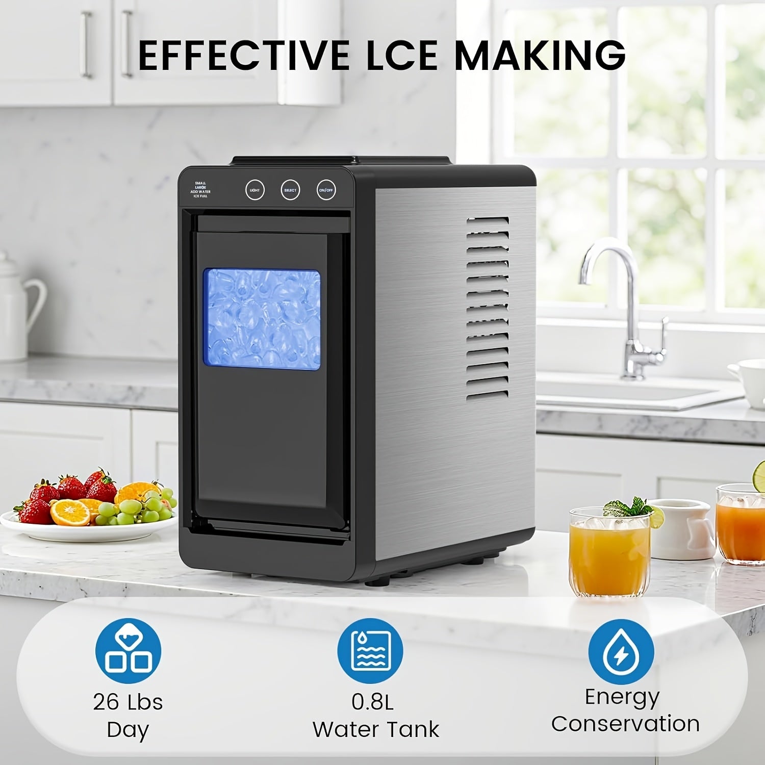 Countertop Ice Maker with Carry Handle, 26 Pounds Ice Per 24 Hours, 9 Cubes in 6 Mins, Portable Ice Machine with Basket & Scoop