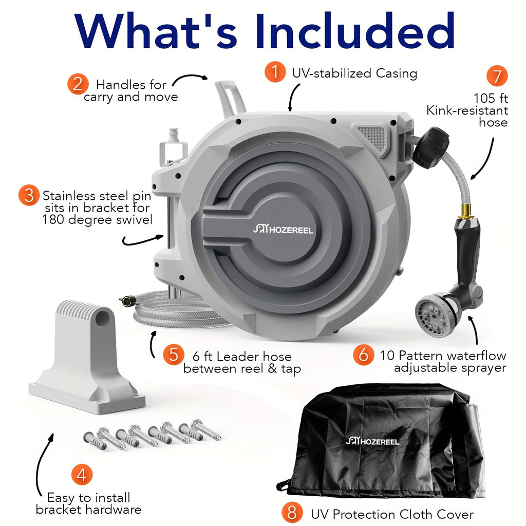 110FT x 1/2" Garden Hose Reel, Wall Mount Enclosed Storage Reel, Auto Self-Retract, Any Length Lock & 10 Spray Nozzle, Grey