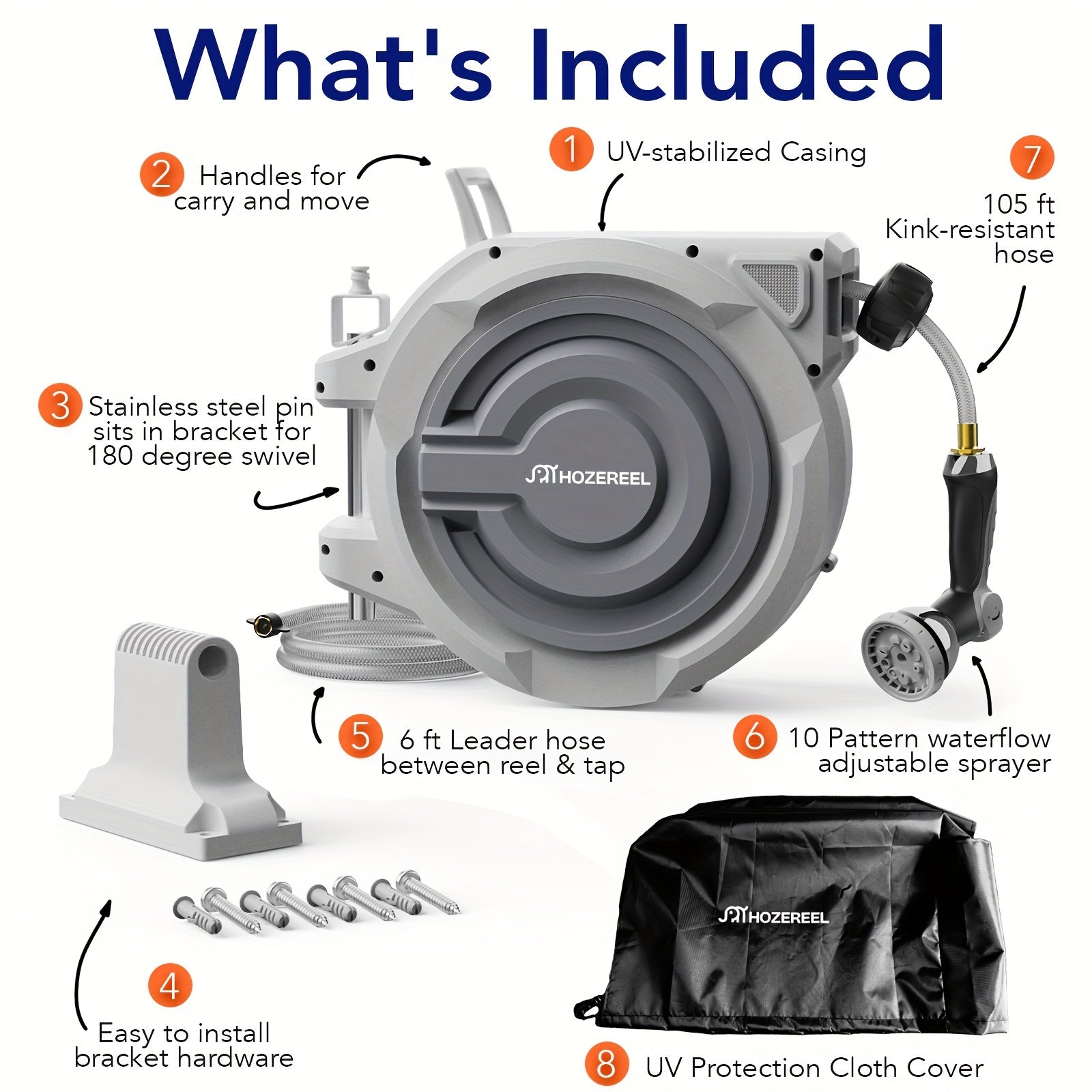 110FT x 1/2" Garden Hose Reel, Wall Mount Enclosed Storage Reel, Auto Self-Retract, Any Length Lock & 10 Spray Nozzle, Grey