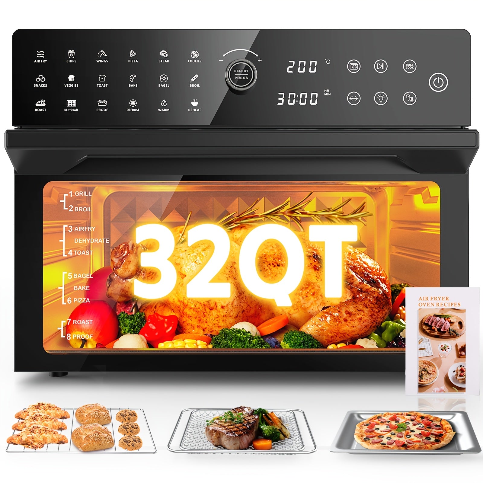 Extra Large 32-Quart Air Fryer, Digital Air Fryer Oven, and Toaster Oven Combo - 20-in-1 Countertop Convection Oven with 13" Pizza Pan, 7 Accessories, Clear Door, 1800W Dual Cooking, 360° Hot Air Circulation for Healthy Meals - Black