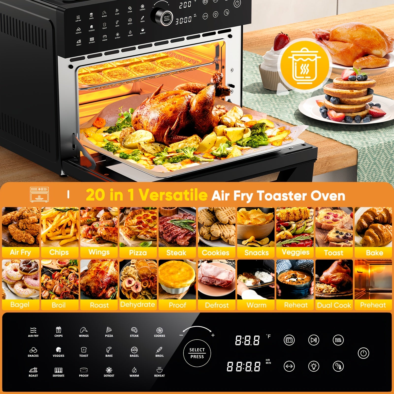 Extra Large 32-Quart Air Fryer, Digital Air Fryer Oven, and Toaster Oven Combo - 20-in-1 Countertop Convection Oven with 13" Pizza Pan, 7 Accessories, Clear Door, 1800W Dual Cooking, 360° Hot Air Circulation for Healthy Meals - Black