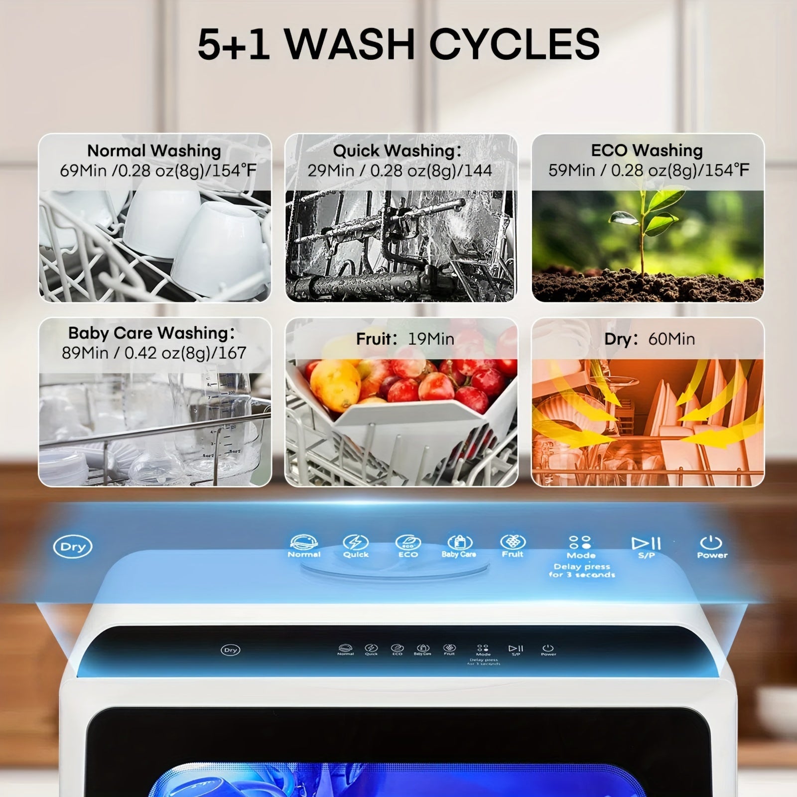 Countertop Mini Dishwasher, 5+1 Programs, Baby Care, Dual Spray, High-Temp Wash, Air Dry & Timer, 1.32gal Water Tank, No Installation Needed for Apartments, RVs