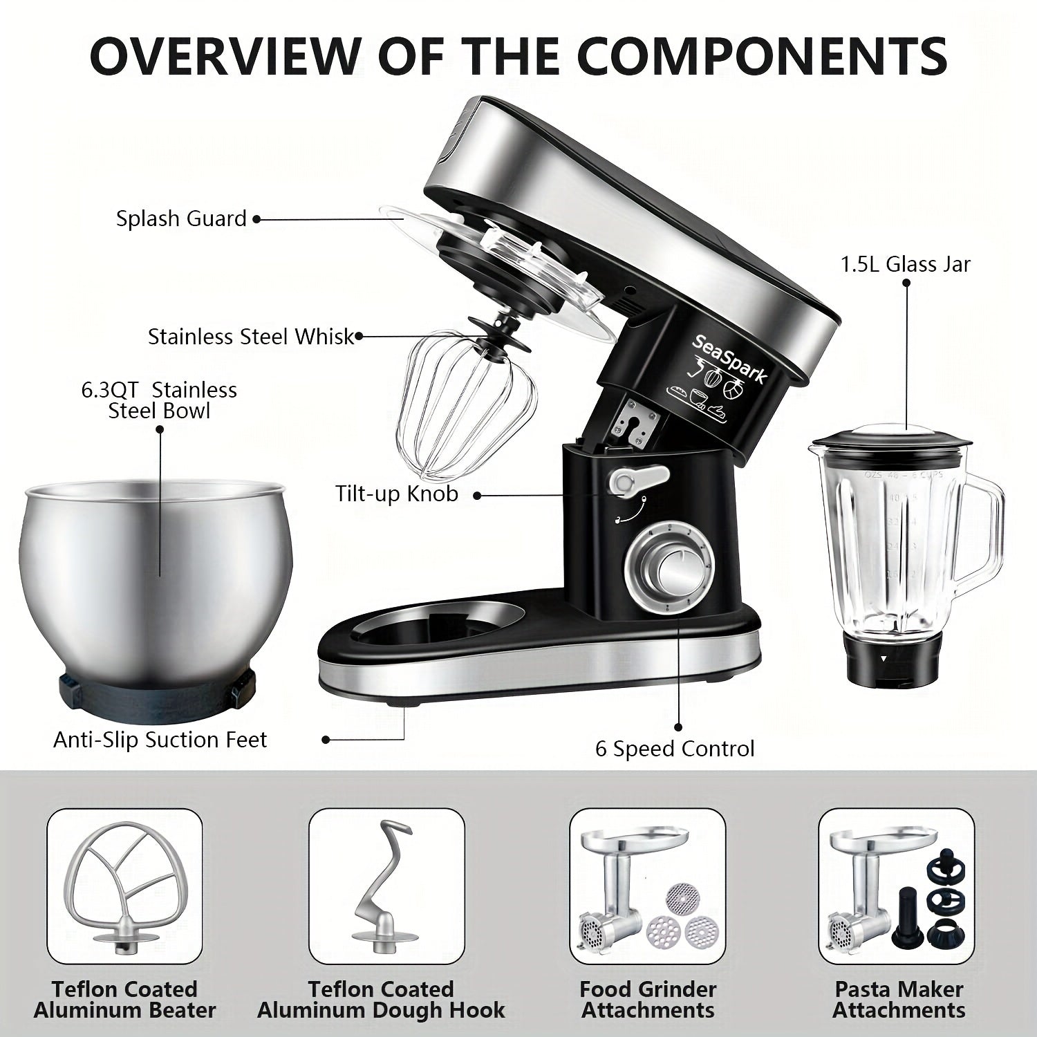 5-IN-1 Kitchen Electric Mixer, 6-Speed & Pulse Function, Tilting Stand Mixer, 6.4QT Stainless Steel Bowl with Dough Hook, Egg Beater and Spatula