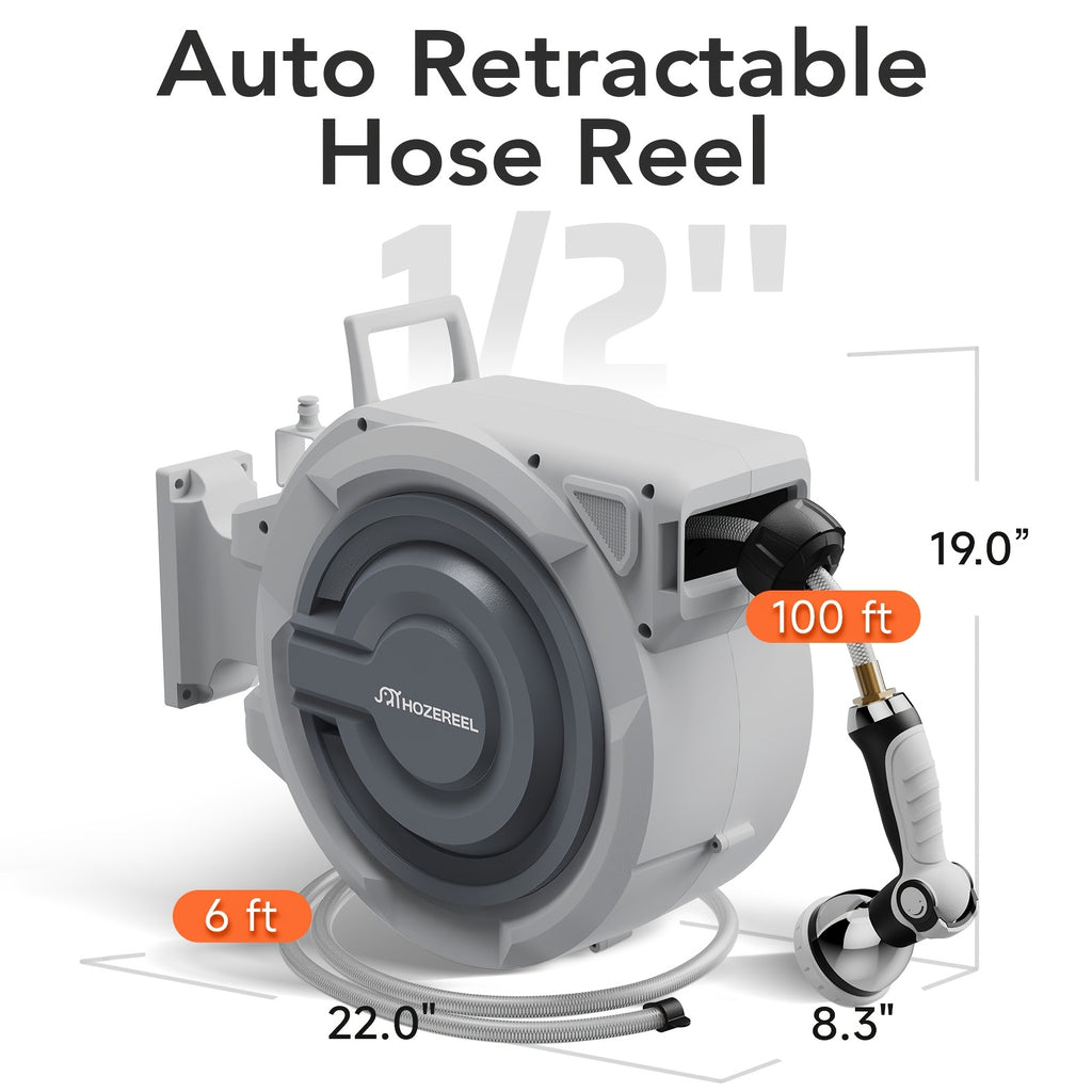110FT x 1/2" Garden Hose Reel, Wall Mount Enclosed Storage Reel, Auto Self-Retract, Any Length Lock & 10 Spray Nozzle, Grey
