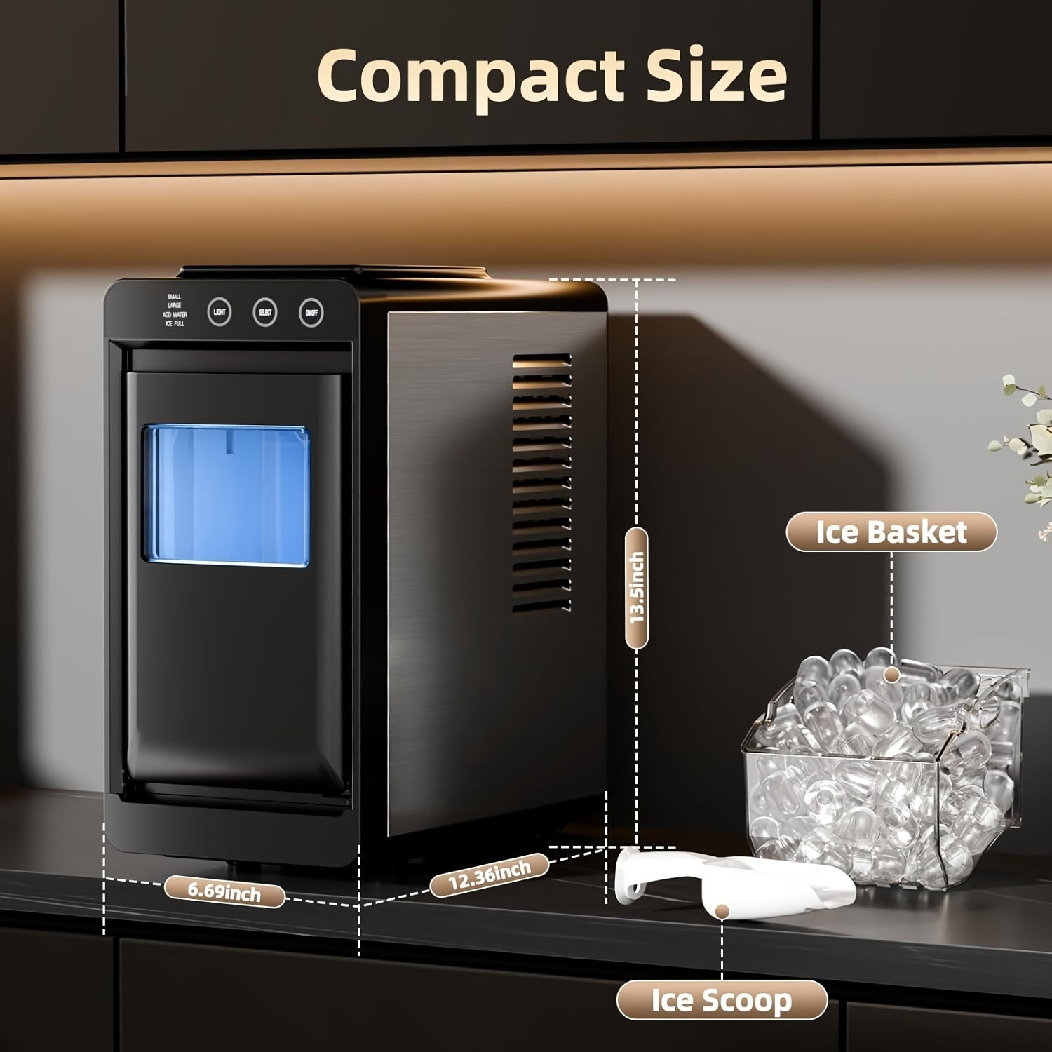 Countertop Ice Maker with Carry Handle, 26 Pounds Ice Per 24 Hours, 9 Cubes in 6 Mins, Portable Ice Machine with Basket & Scoop