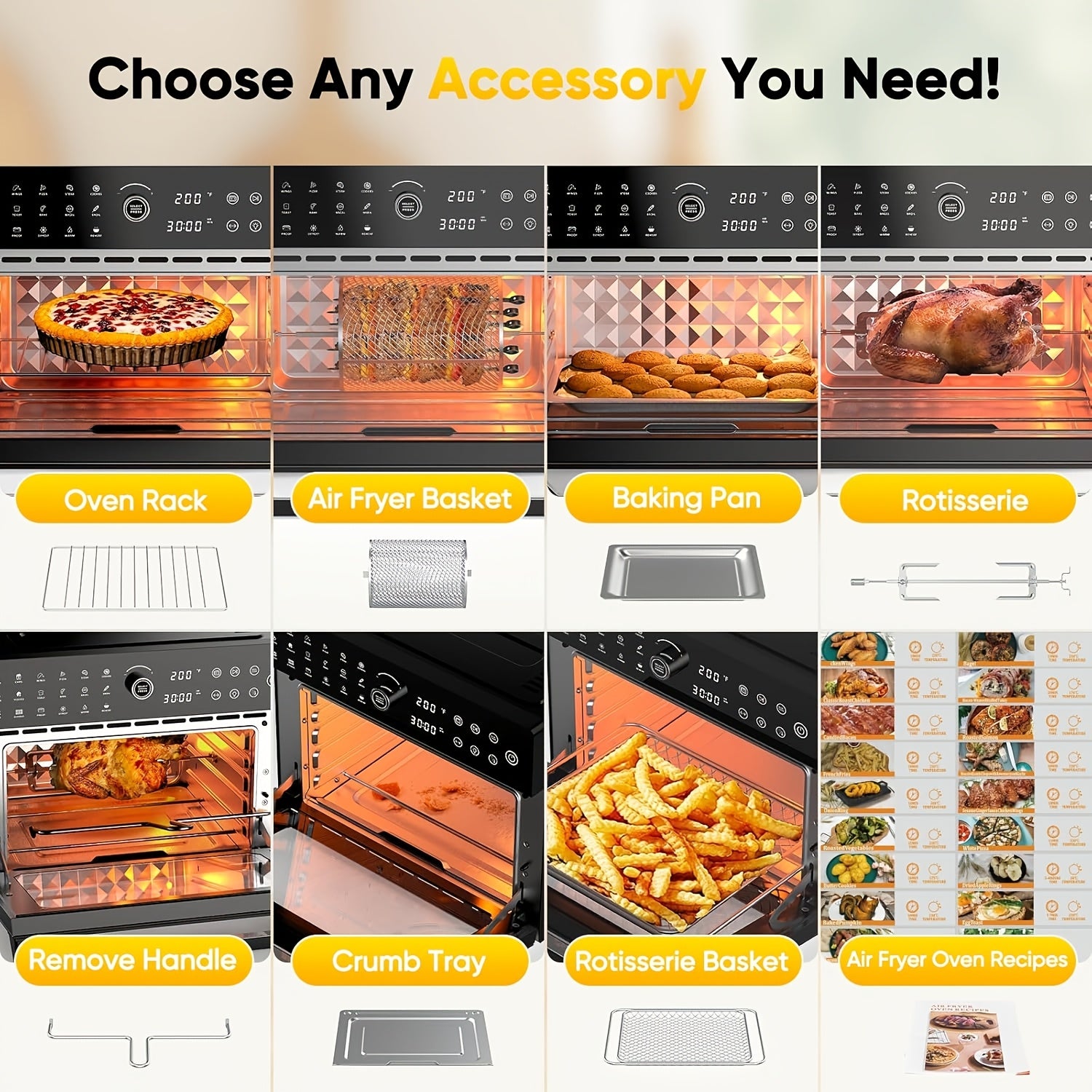 Extra Large 32-Quart Air Fryer, Digital Air Fryer Oven, and Toaster Oven Combo - 20-in-1 Countertop Convection Oven with 13" Pizza Pan, 7 Accessories, Clear Door, 1800W Dual Cooking, 360° Hot Air Circulation for Healthy Meals - Black