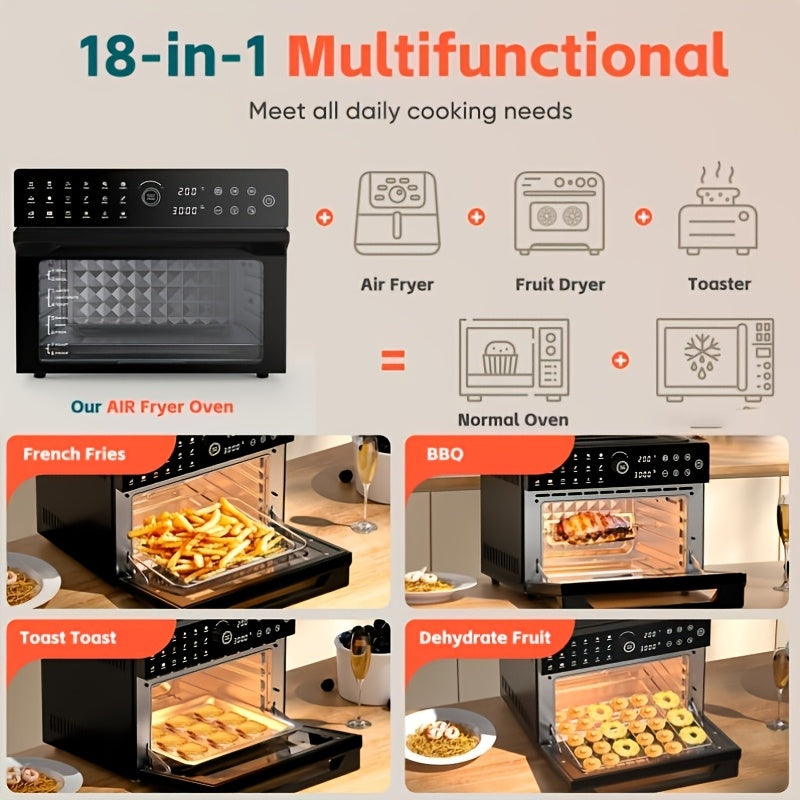 Extra Large 32-Quart Air Fryer, Digital Air Fryer Oven, and Toaster Oven Combo - 20-in-1 Countertop Convection Oven with 13" Pizza Pan, 7 Accessories, Clear Door, 1800W Dual Cooking, 360° Hot Air Circulation for Healthy Meals - Black