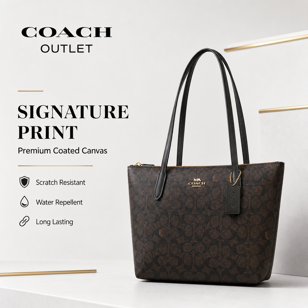 Coach Signature Zip‑Top Tote Bag, Classic Coated Canvas Shoulder Handbag with Reinforced Leather Straps for Daily Work & Travel