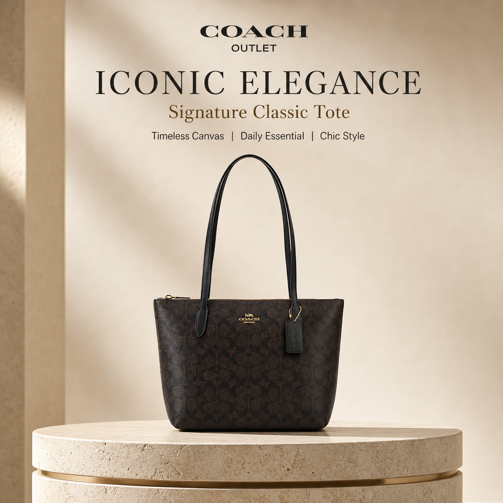 Coach Signature Zip‑Top Tote Bag, Classic Coated Canvas Shoulder Handbag with Reinforced Leather Straps for Daily Work & Travel