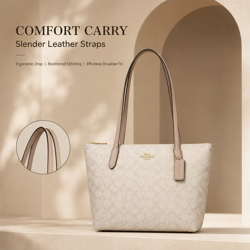 Coach Signature Zip‑Top Tote Bag, Classic Coated Canvas Shoulder Handbag with Reinforced Leather Straps for Daily Work & Travel
