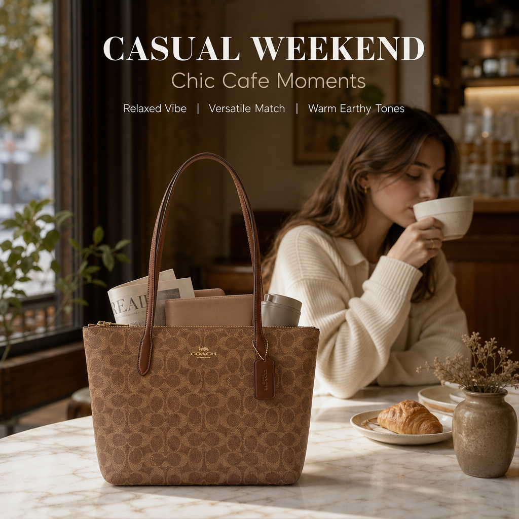 Coach Signature Zip‑Top Tote Bag, Classic Coated Canvas Shoulder Handbag with Reinforced Leather Straps for Daily Work & Travel