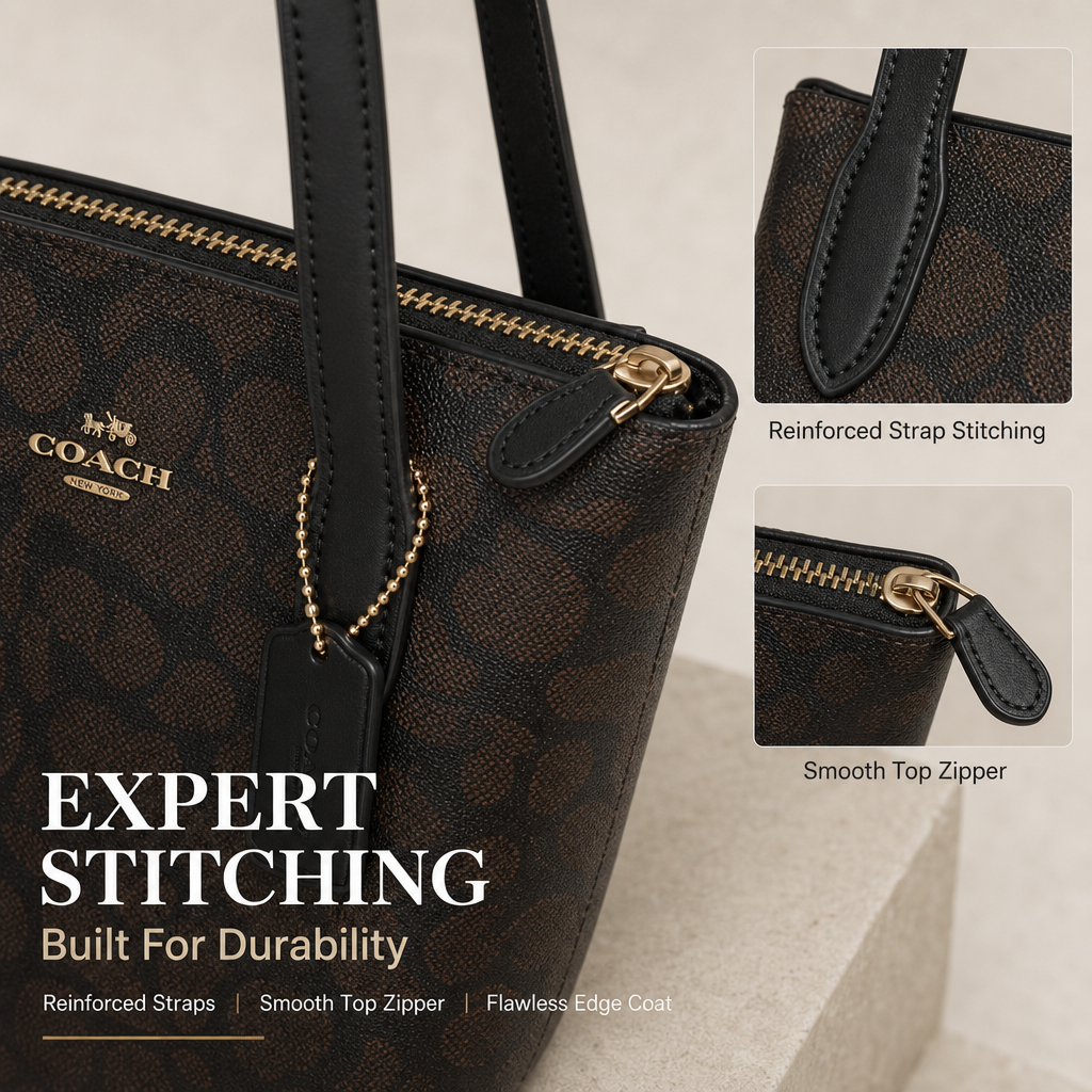 Coach Signature Zip‑Top Tote Bag, Classic Coated Canvas Shoulder Handbag with Reinforced Leather Straps for Daily Work & Travel