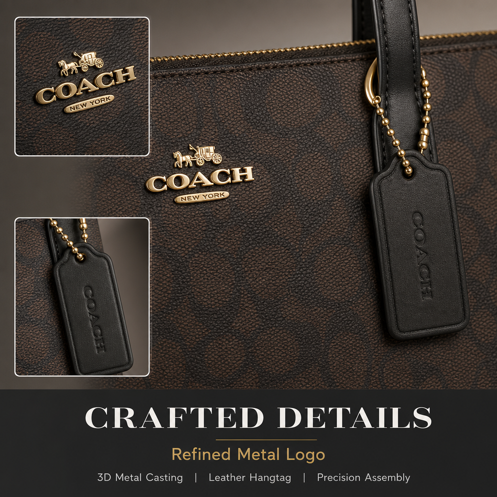 Coach Signature Zip‑Top Tote Bag, Classic Coated Canvas Shoulder Handbag with Reinforced Leather Straps for Daily Work & Travel