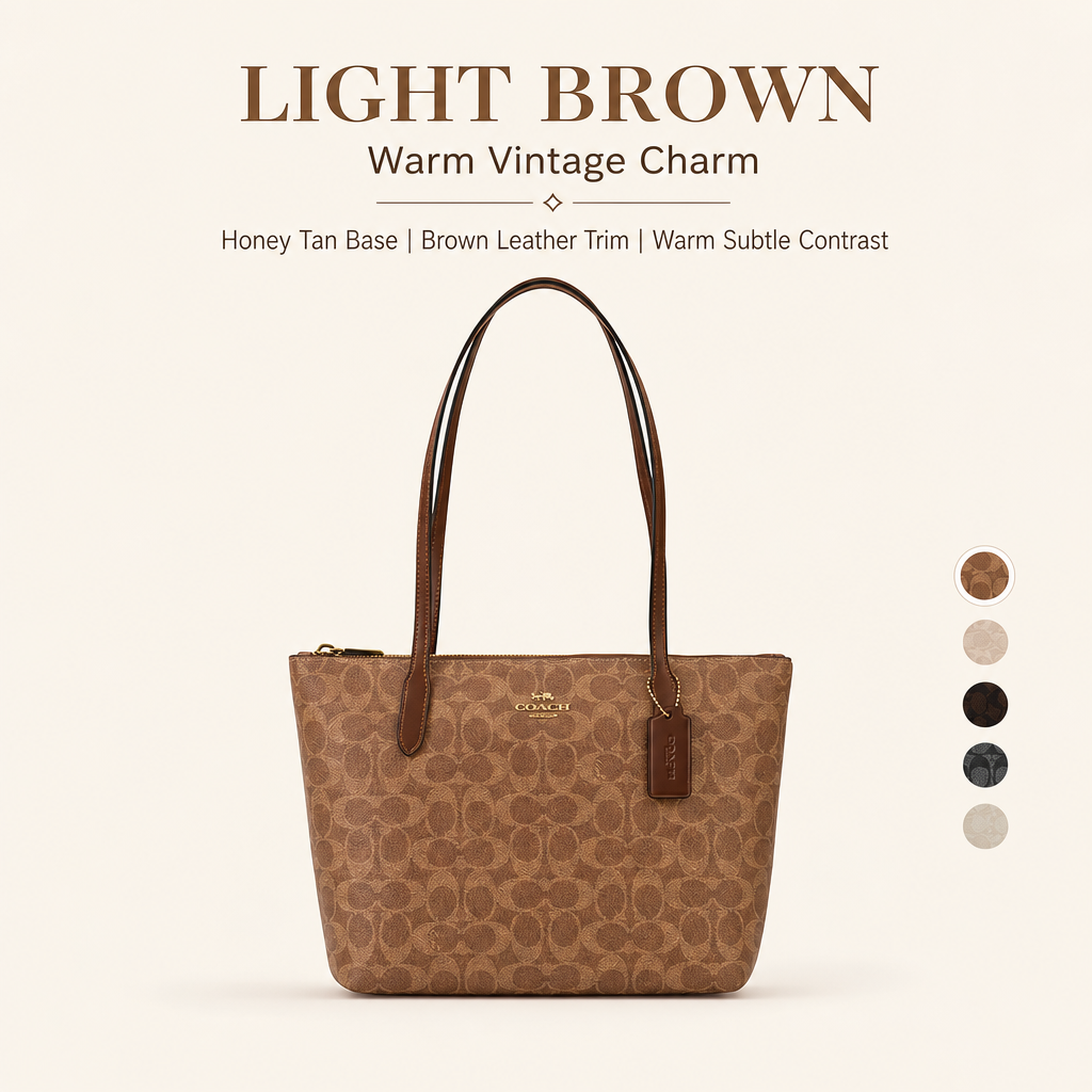 Coach Signature Zip‑Top Tote Bag, Classic Coated Canvas Shoulder Handbag with Reinforced Leather Straps for Daily Work & Travel