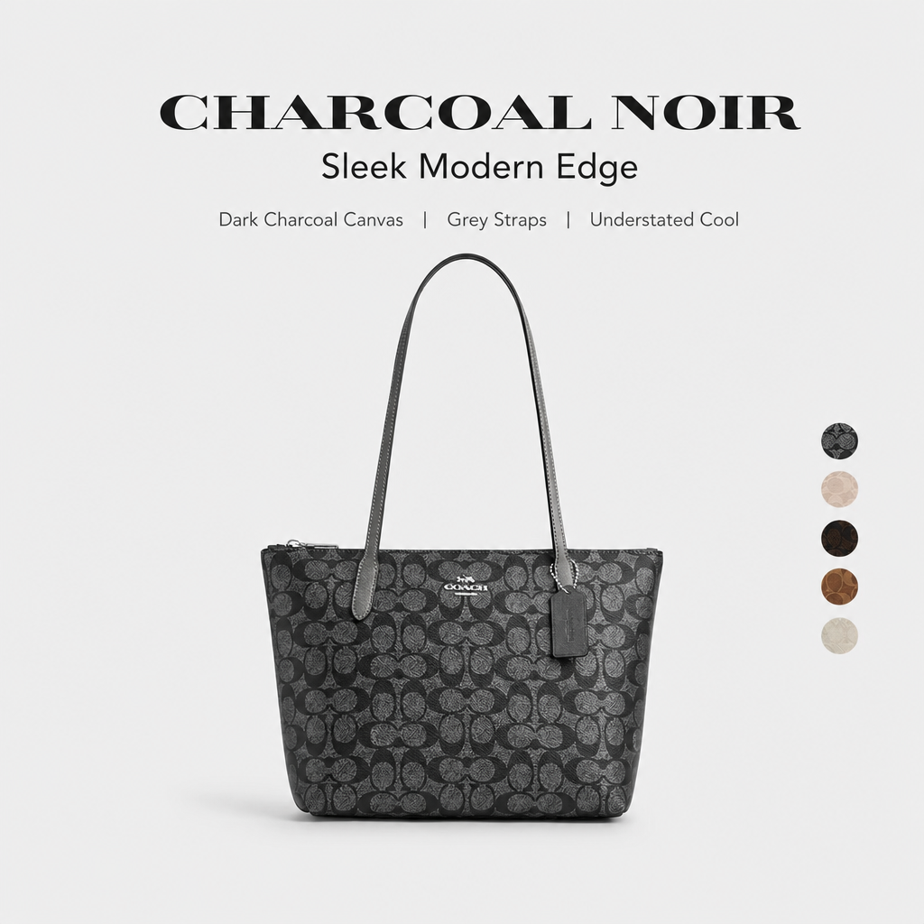 Coach Signature Zip‑Top Tote Bag, Classic Coated Canvas Shoulder Handbag with Reinforced Leather Straps for Daily Work & Travel