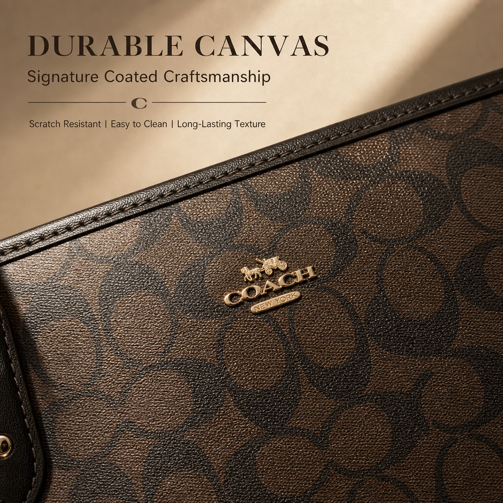 Coach Signature Monogram Tote Bag, Coated Canvas Shoulder Handbag with Reinforced Rivet Handles for Office Daily Travel
