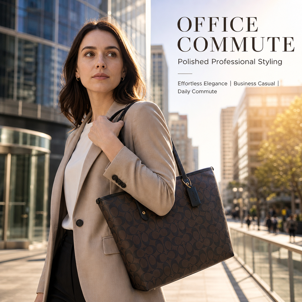 Coach Signature Monogram Tote Bag, Coated Canvas Shoulder Handbag with Reinforced Rivet Handles for Office Daily Travel