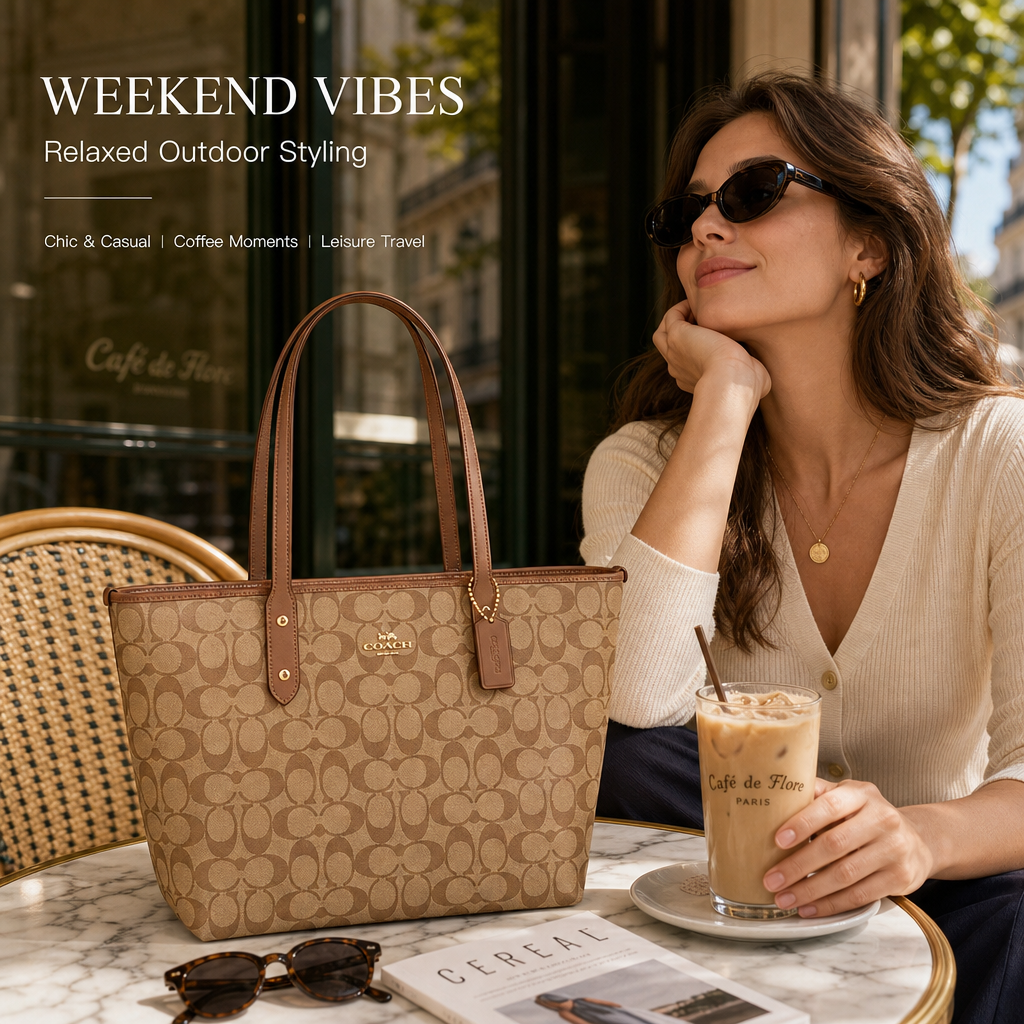 Coach Signature Monogram Tote Bag, Coated Canvas Shoulder Handbag with Reinforced Rivet Handles for Office Daily Travel