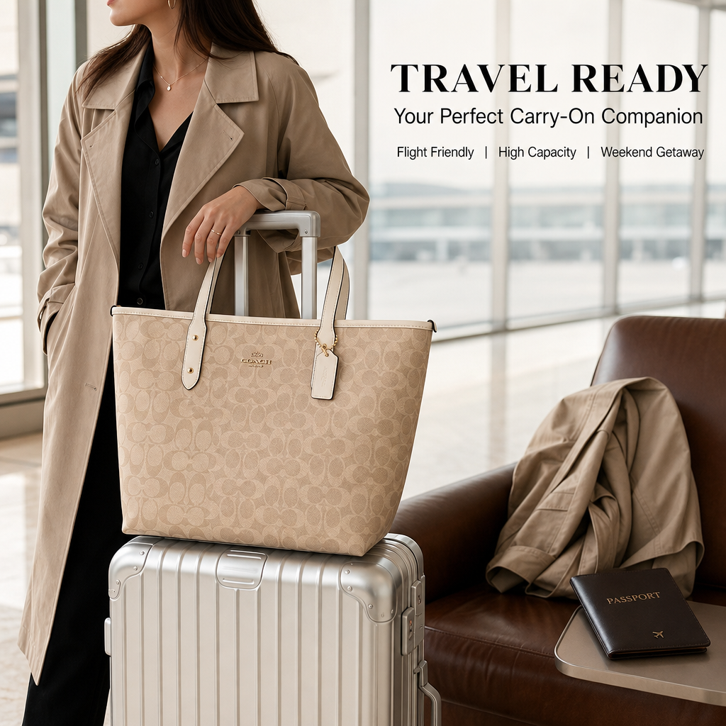 Coach Signature Monogram Tote Bag, Coated Canvas Shoulder Handbag with Reinforced Rivet Handles for Office Daily Travel