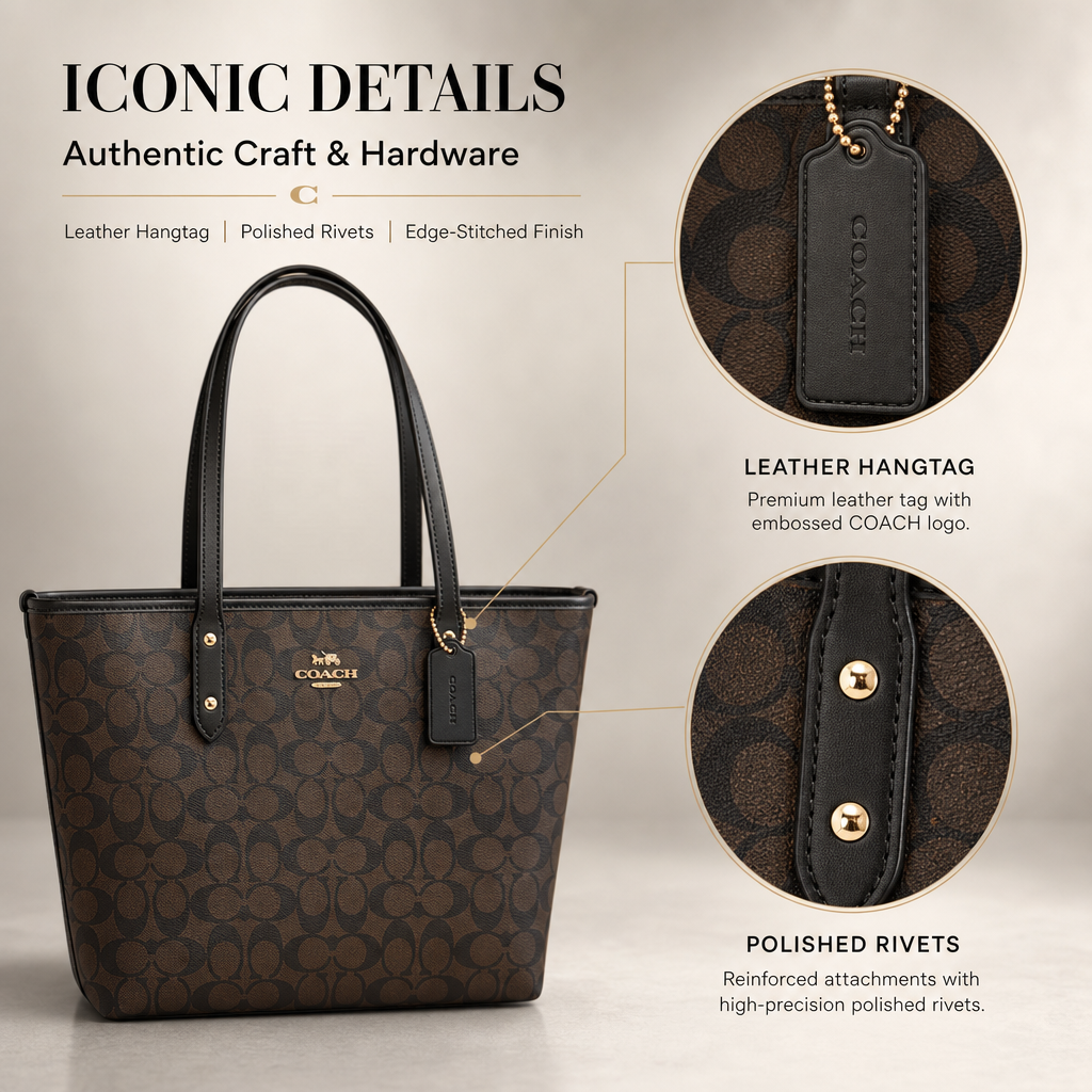 Coach Signature Monogram Tote Bag, Coated Canvas Shoulder Handbag with Reinforced Rivet Handles for Office Daily Travel