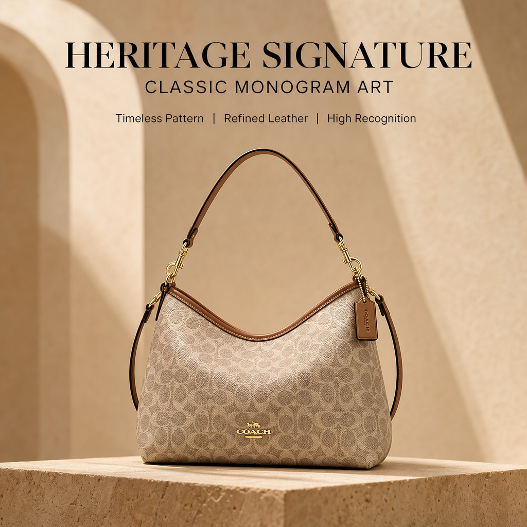 Coach Signature Hobo Shoulder Bag, Convertible 2‑Way Crossbody Handbag in Coated Canvas for Women Daily Wear