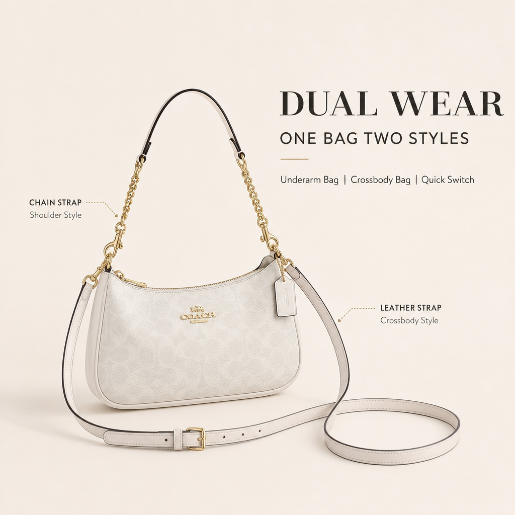 Coach Signature Zip Shoulder Bag, 2‑Way Chain Underarm Purse with Removable Crossbody Strap for Women