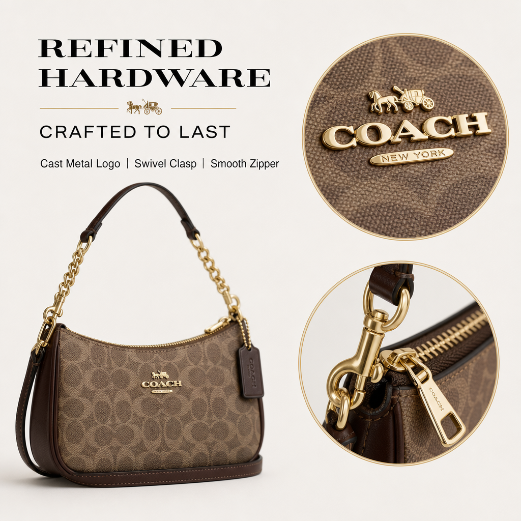 Coach Signature Zip Shoulder Bag, 2‑Way Chain Underarm Purse with Removable Crossbody Strap for Women