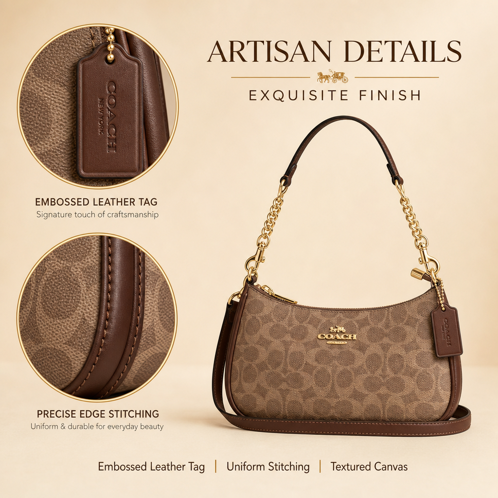 Coach Signature Zip Shoulder Bag, 2‑Way Chain Underarm Purse with Removable Crossbody Strap for Women