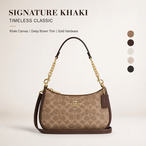 Coach Signature Zip Shoulder Bag, 2‑Way Chain Underarm Purse with Removable Crossbody Strap for Women