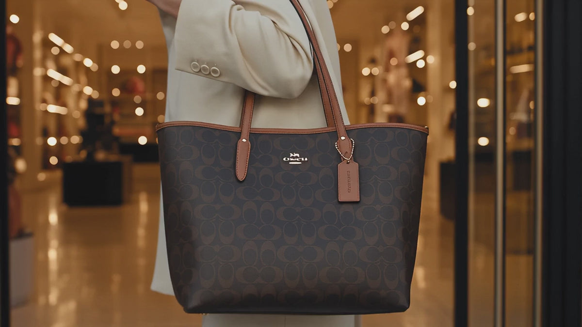 Coach Signature Monogram Tote Bag, Coated Canvas Shoulder Handbag with Reinforced Rivet Handles for Office Daily Travel