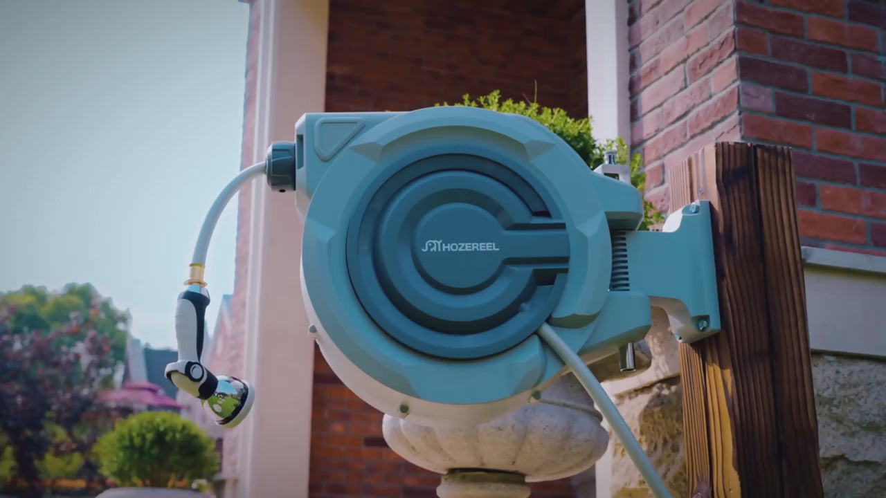 110FT x 1/2" Garden Hose Reel, Wall Mount Enclosed Storage Reel, Auto Self-Retract, Any Length Lock & 10 Spray Nozzle, Grey